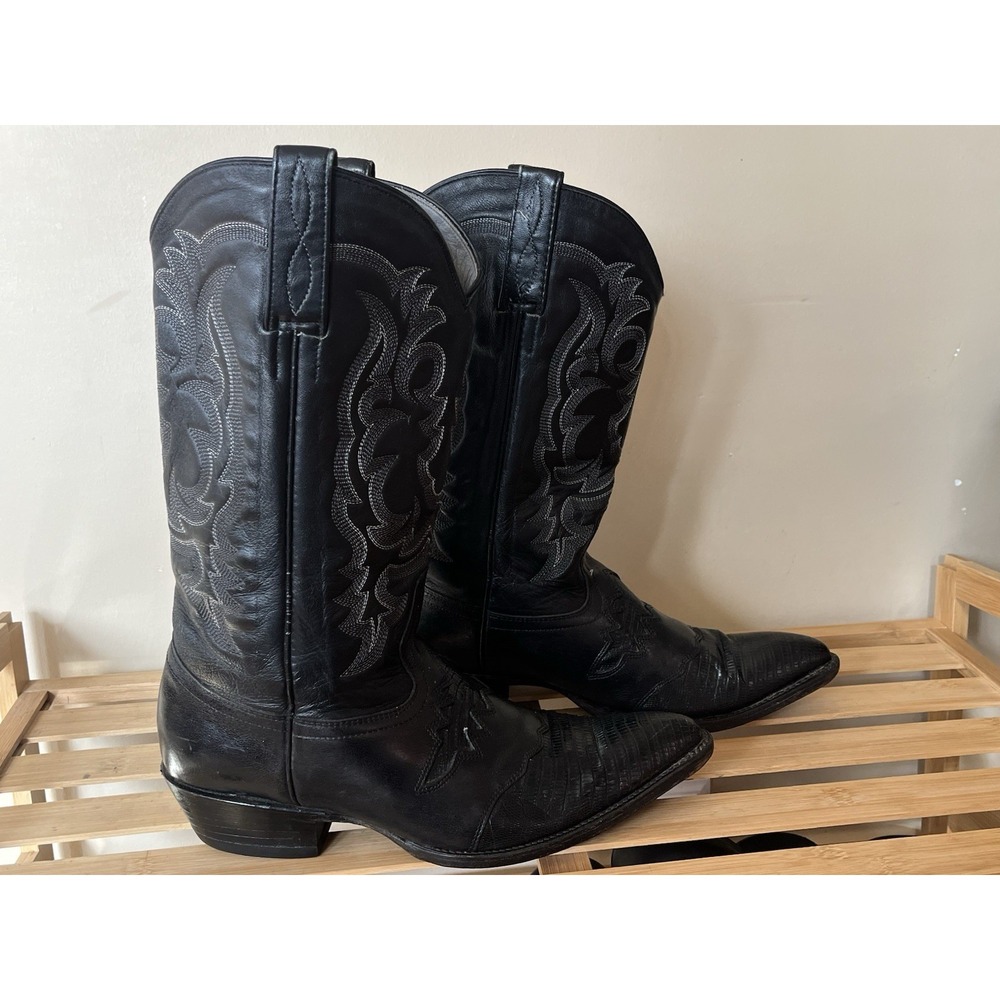 King Exotic Men's BLACK SNIP TOE GENUINE Teju Lizard WESTERN COWBOY BOOT Sz 9.5